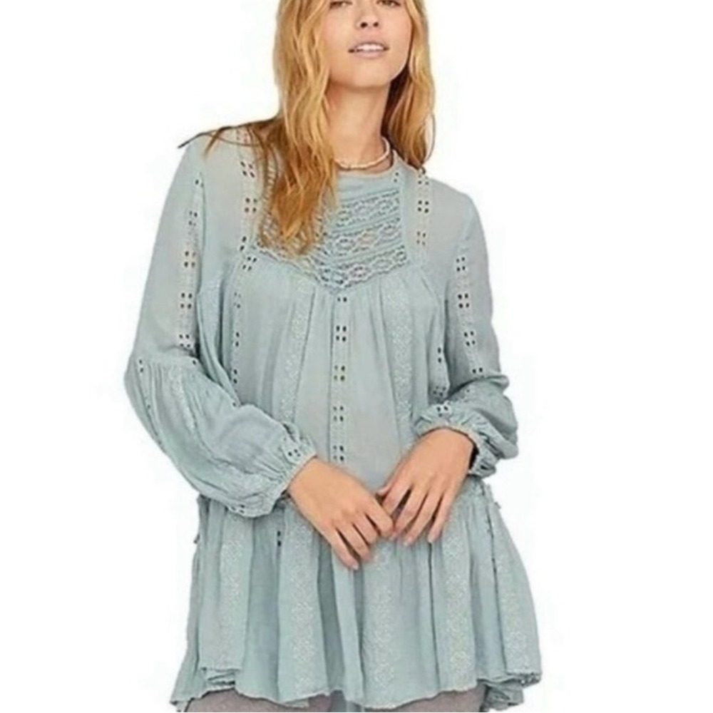 Free People Kiss Kiss Lace Inset Tunic Top Sz S Flowy Oversized Boho Embroidery